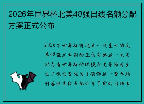 2026年世界杯北美48强出线名额分配方案正式公布